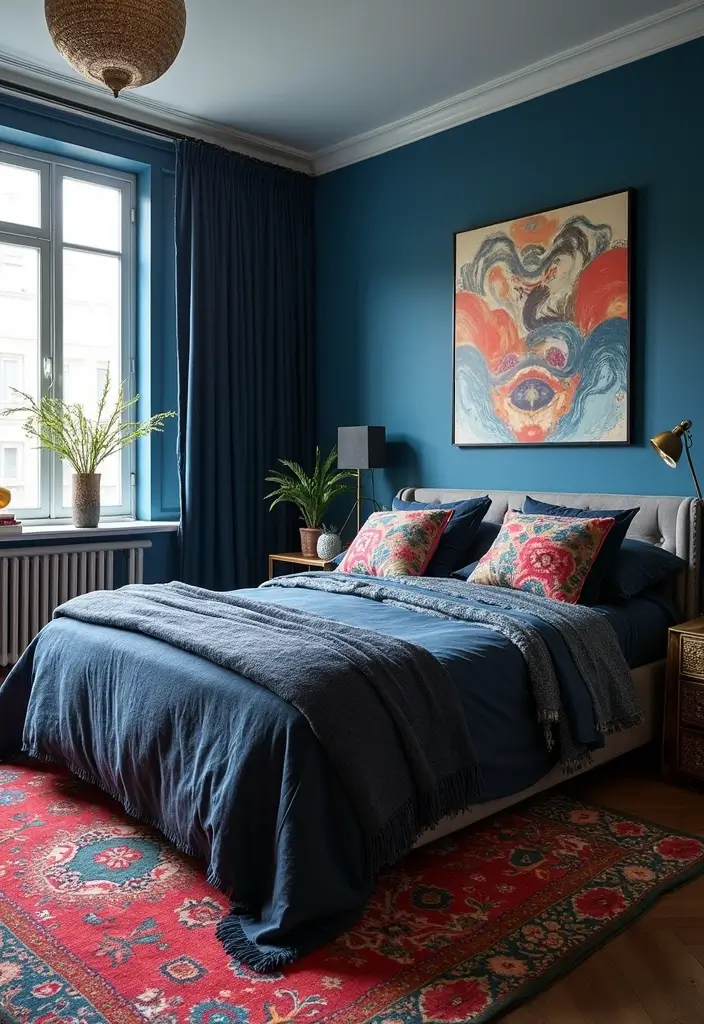 30 Blue and Black Bedroom Ideas That Mix Cool and Confidence - 27. Bold Textiles