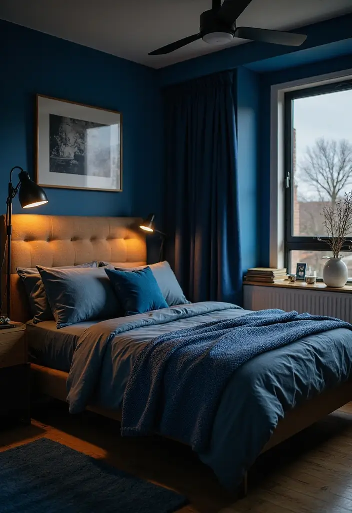 30 Blue and Black Bedroom Ideas That Mix Cool and Confidence - 28. Layered Lighting Effects