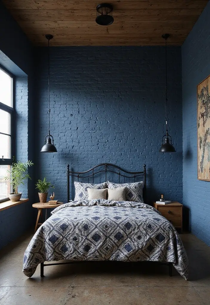 30 Blue and Black Bedroom Ideas That Mix Cool and Confidence - 3. Industrial Edge