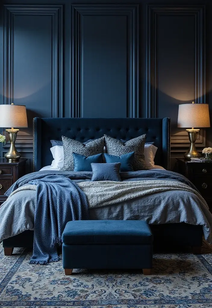 30 Blue and Black Bedroom Ideas That Mix Cool and Confidence - 4. Luxurious Layering