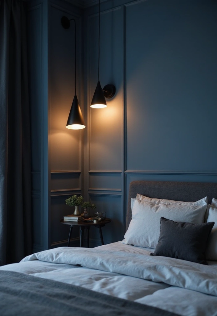 30 Blue and Black Bedroom Ideas That Mix Cool and Confidence - 6. Statement Lighting