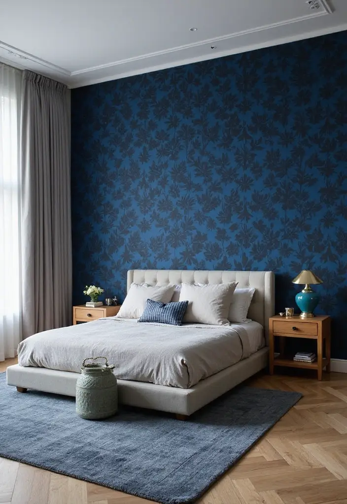 30 Blue and Black Bedroom Ideas That Mix Cool and Confidence - 7. Feature Wall Focal Point