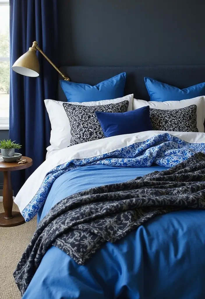 30 Blue and Black Bedroom Ideas That Mix Cool and Confidence - 9. Bold Bedding Choices