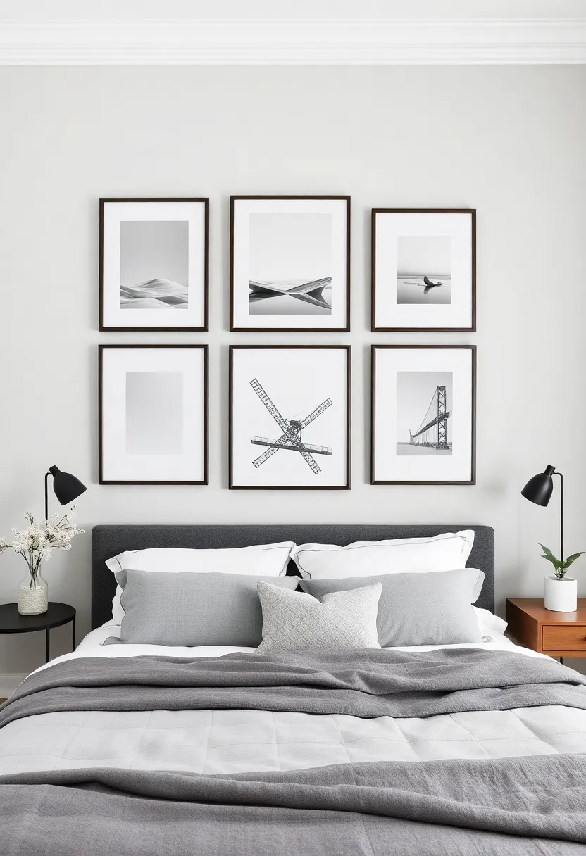 30 Grey Bedroom Furniture Ideas That Are Elegant & Timeless - 12. Minimalist Grey Wall Art