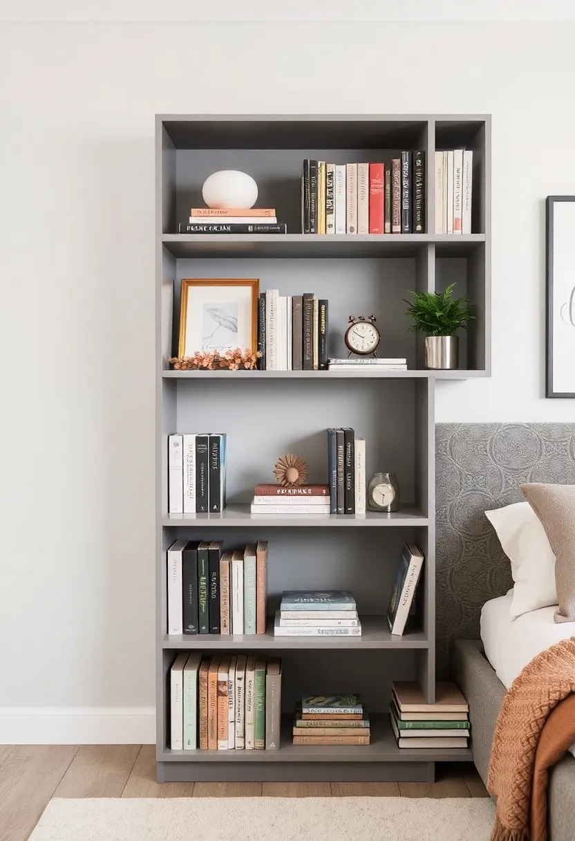 30 Grey Bedroom Furniture Ideas That Are Elegant & Timeless - 15. Grey Bookshelf