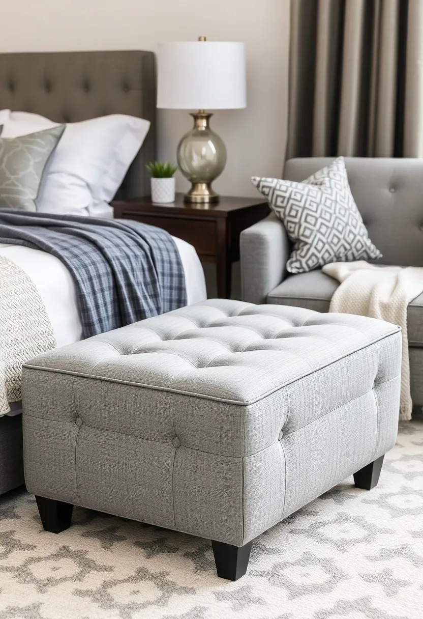 30 Grey Bedroom Furniture Ideas That Are Elegant & Timeless - 18. Grey Ottoman