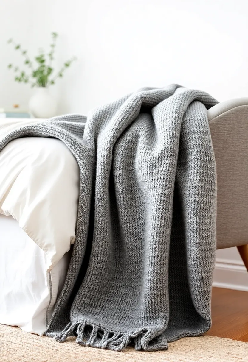 30 Grey Bedroom Furniture Ideas That Are Elegant & Timeless - 20. Grey Textured Throws