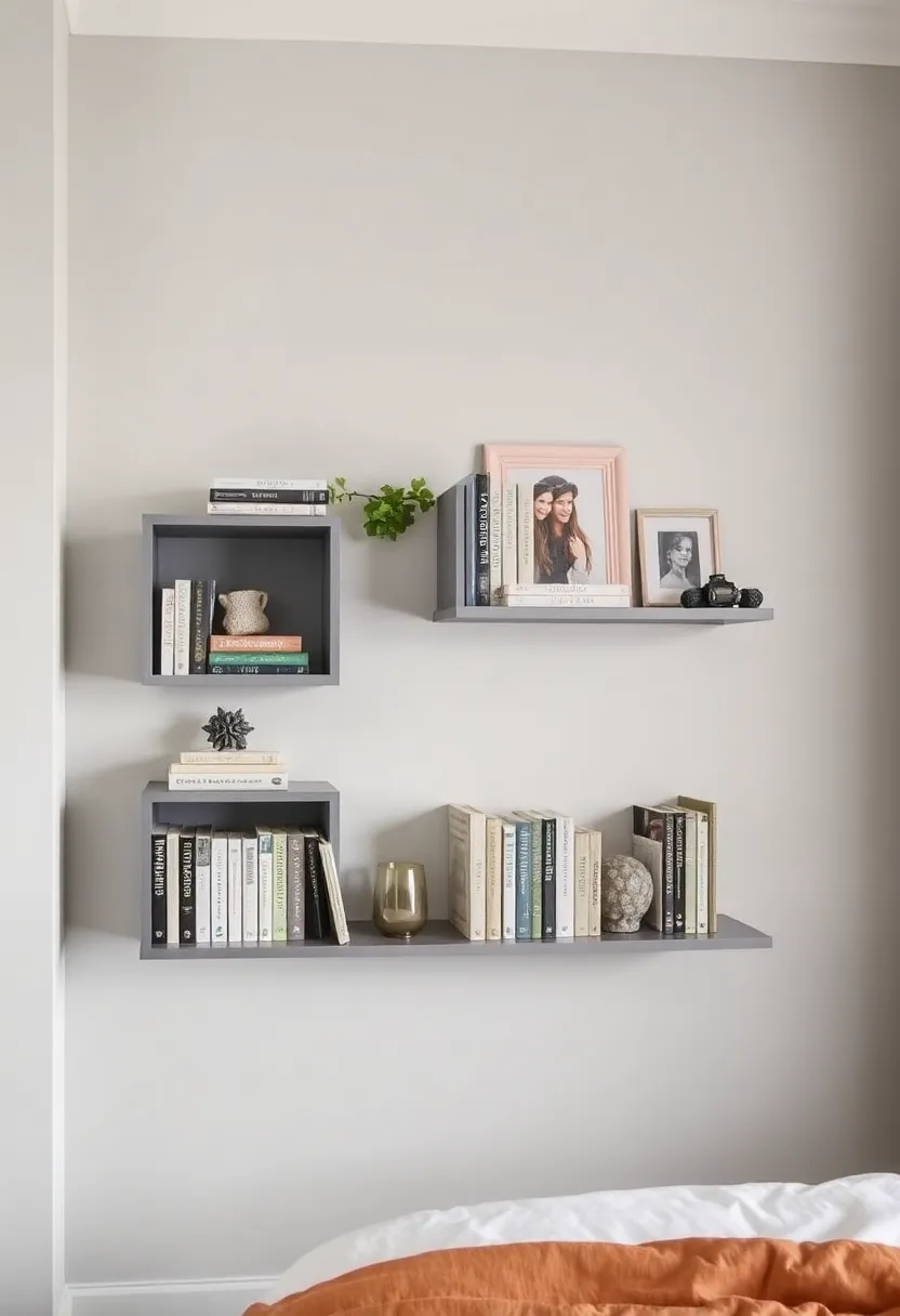 30 Grey Bedroom Furniture Ideas That Are Elegant & Timeless - 21. Grey Wall Shelves