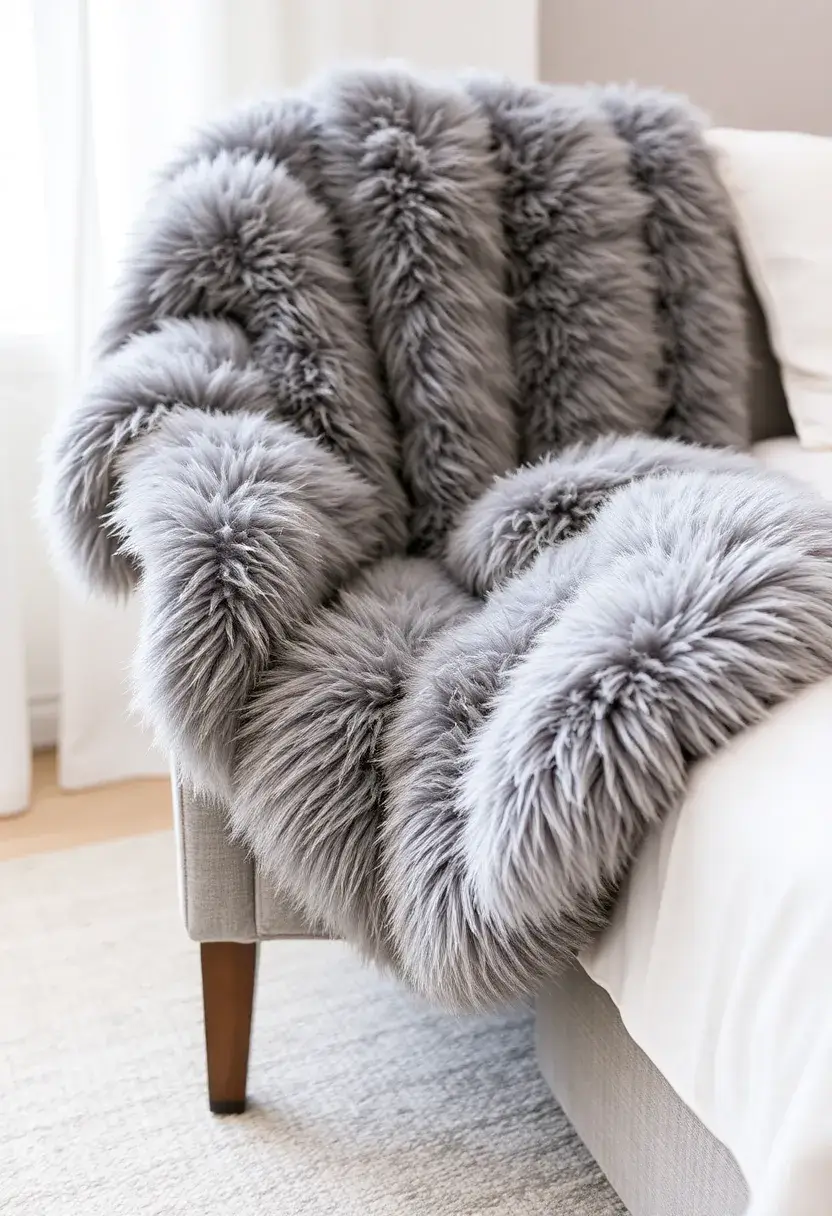 30 Grey Bedroom Furniture Ideas That Are Elegant & Timeless - 28. Grey Faux Fur Decor