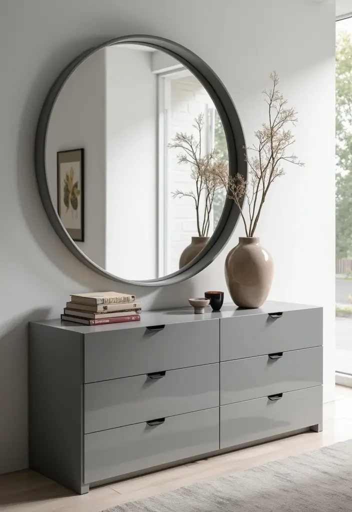 30 Grey Bedroom Furniture Ideas That Are Elegant & Timeless - 3. Grey Dresser with Mirrors