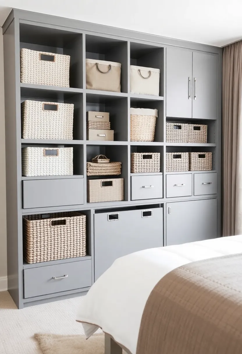 30 Grey Bedroom Furniture Ideas That Are Elegant & Timeless - 6. Elegant Grey Storage Solutions