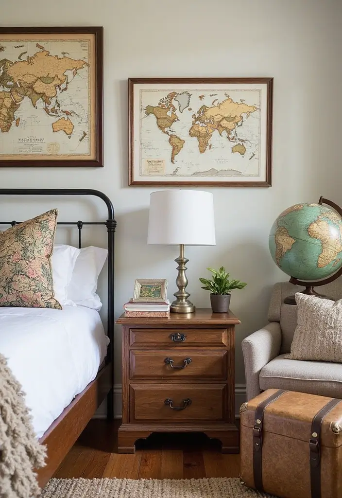 30 Jungle Bedroom Ideas for Adults That Bring Nature Indoors - 14. Vintage Travel-Inspired Accessories