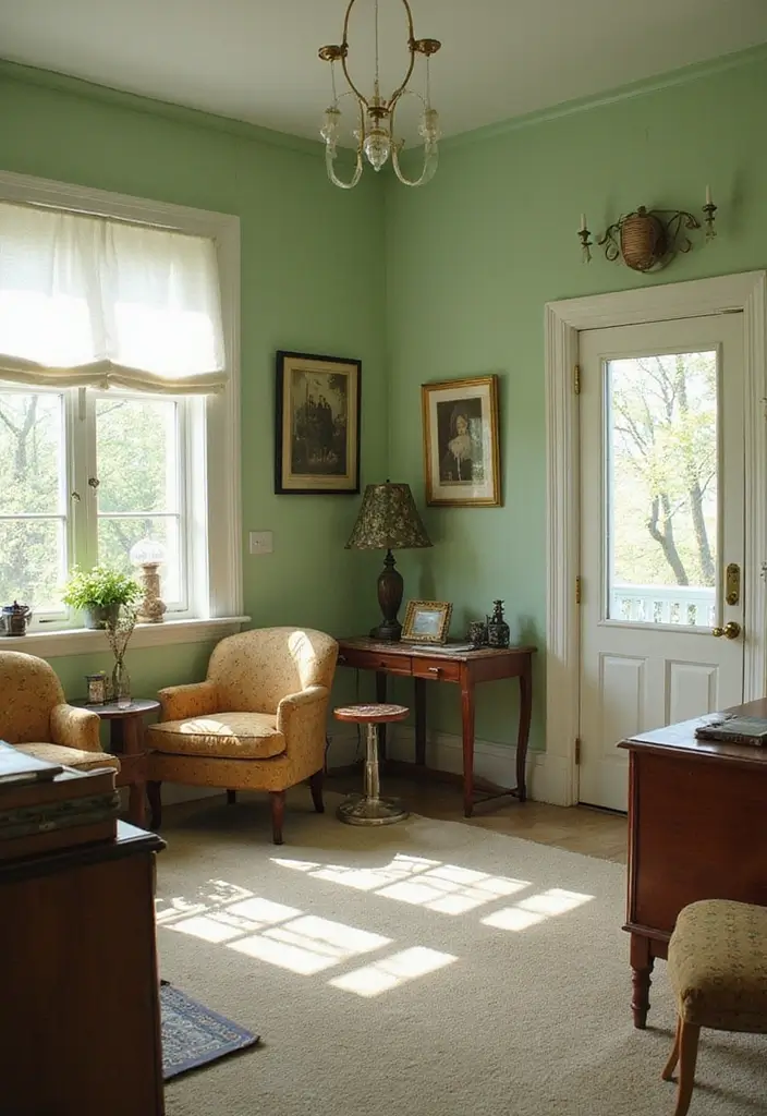 30 Light Green Bedroom Ideas That Add Soft Natural Vibes - 14. Vintage Charm