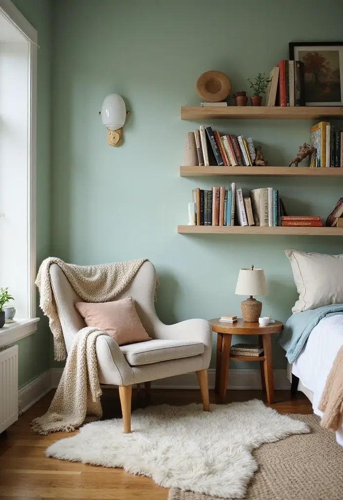 30 Light Green Bedroom Ideas That Add Soft Natural Vibes - 15. Cozy Reading Nook