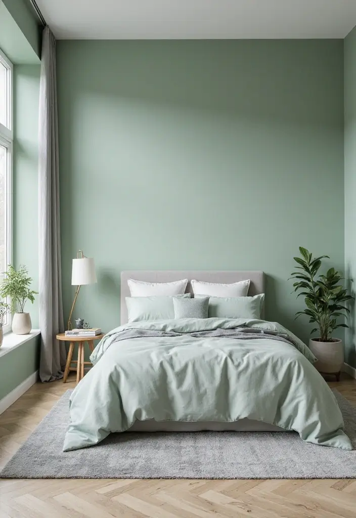 30 Light Green Bedroom Ideas That Add Soft Natural Vibes - 16. Light Green and Gray Combo