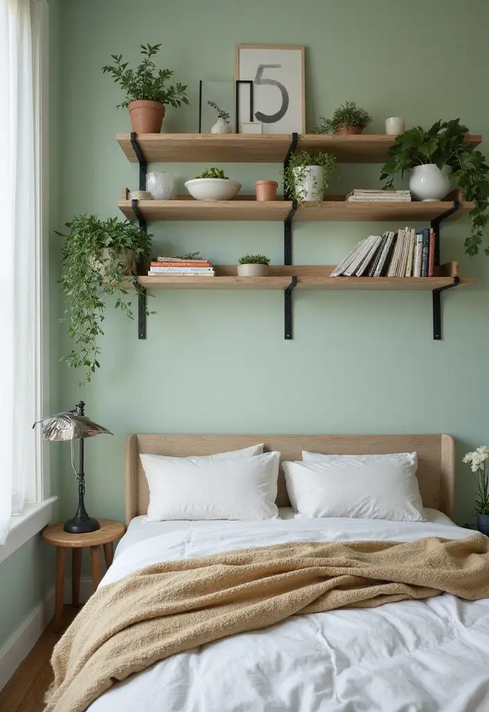 30 Light Green Bedroom Ideas That Add Soft Natural Vibes - 17. Open Shelving Decor