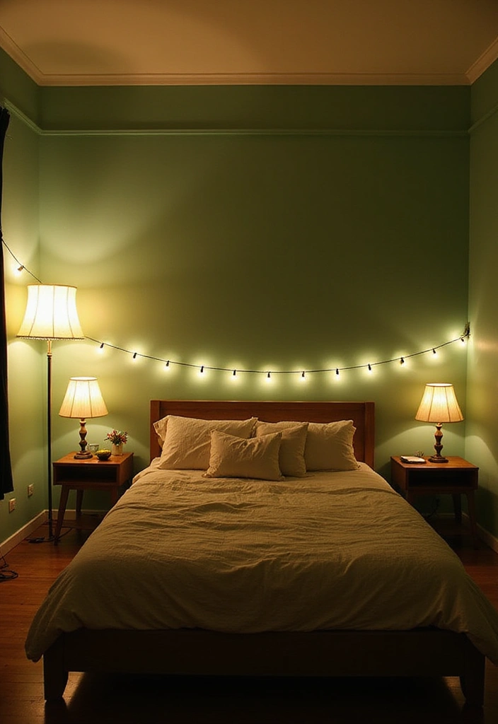 30 Light Green Bedroom Ideas That Add Soft Natural Vibes - 20. Layered Lighting