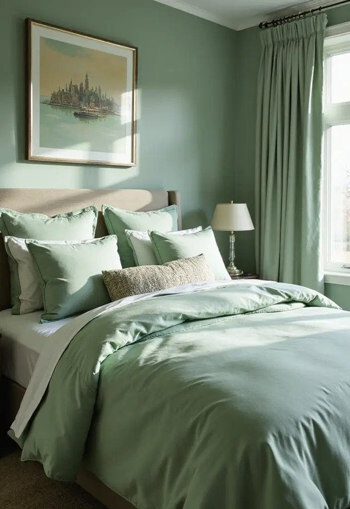 30 Light Green Bedroom Ideas That Add Soft Natural Vibes - 21. Stylish Bedding