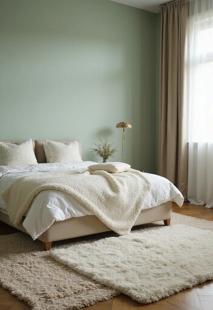 30 Light Green Bedroom Ideas That Add Soft Natural Vibes - 22. Cozy Floor Coverings