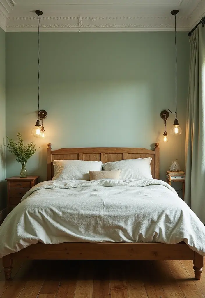 30 Light Green Bedroom Ideas That Add Soft Natural Vibes - 24. Vintage Lighting