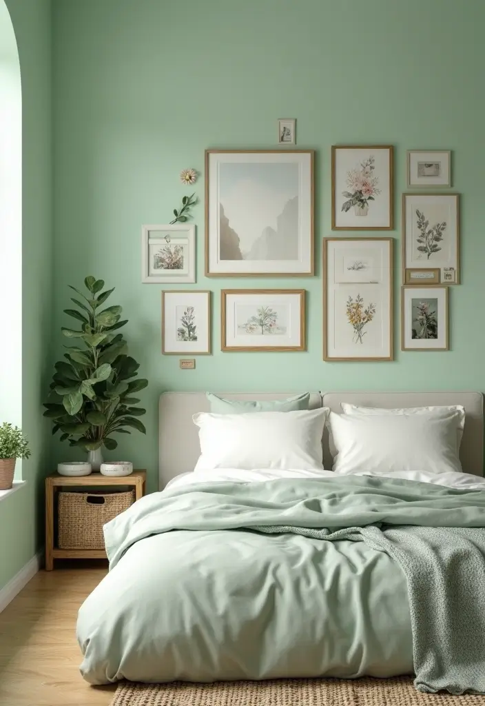 30 Light Green Bedroom Ideas That Add Soft Natural Vibes - 26. Wall Art Collection