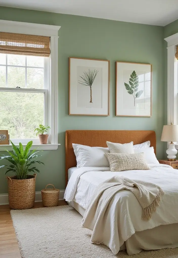 30 Light Green Bedroom Ideas That Add Soft Natural Vibes - 3. Nature-Inspired Accents