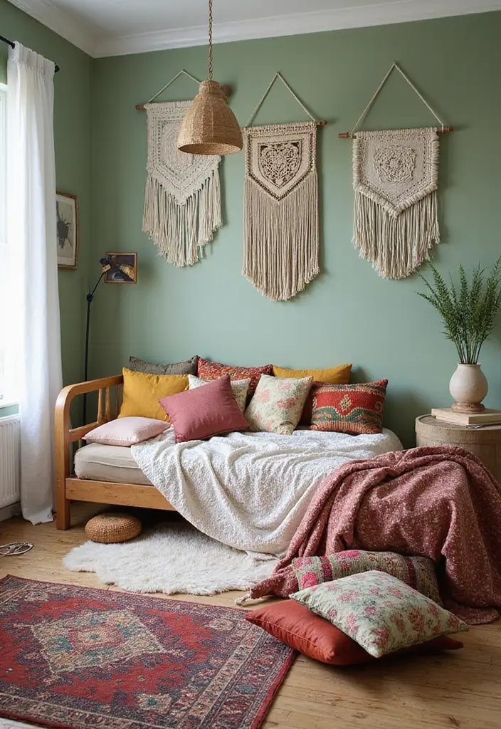 30 Light Green Bedroom Ideas That Add Soft Natural Vibes - 5. Eclectic Boho Vibes