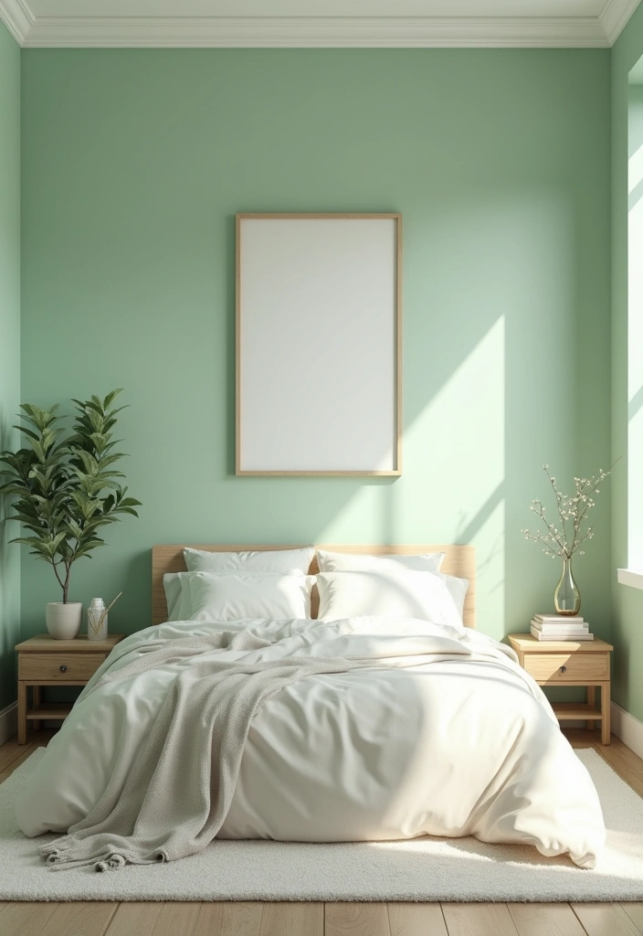 30 Light Green Bedroom Ideas That Add Soft Natural Vibes - 6. Minimalist Light Green Serenity