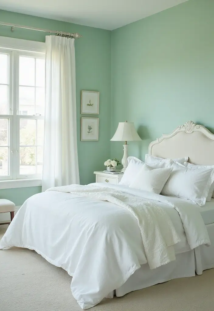 30 Light Green Bedroom Ideas That Add Soft Natural Vibes - 8. Bright White Contrast
