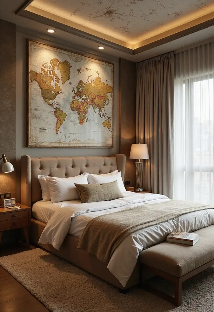 30 Luxury Bedroom Design Ideas That Exude Elegance & Class - 27. Travel-Inspired Decor