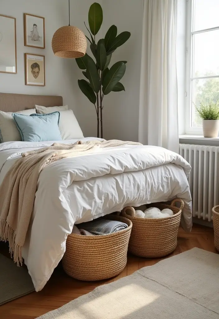 30 Men’s Small Bedroom Ideas That Feel Minimal & Masculine - 13. Minimize Clutter with Baskets