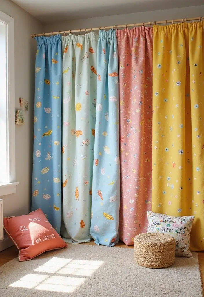 30 Room Divider Ideas for Kids Bedroom That Create Cozy Spaces - 11. Fabric Panels with Fun Patterns