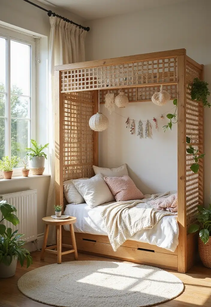 30 Room Divider Ideas for Kids Bedroom That Create Cozy Spaces - 19. Wooden Lattice Divider