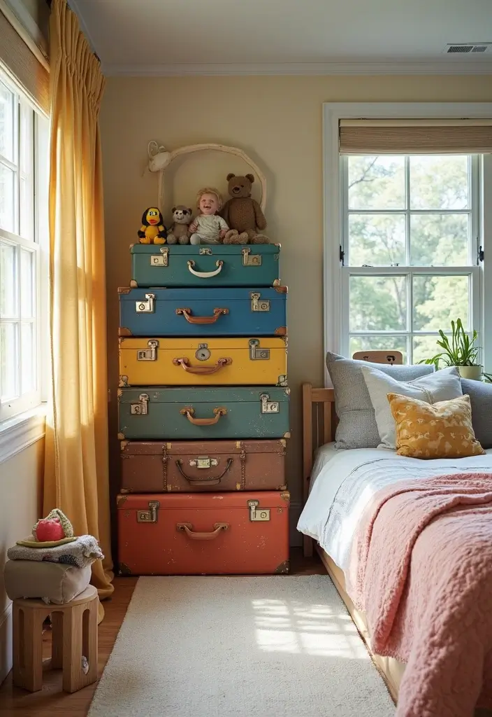 30 Room Divider Ideas for Kids Bedroom That Create Cozy Spaces - 9. Vintage Suitcase Stack
