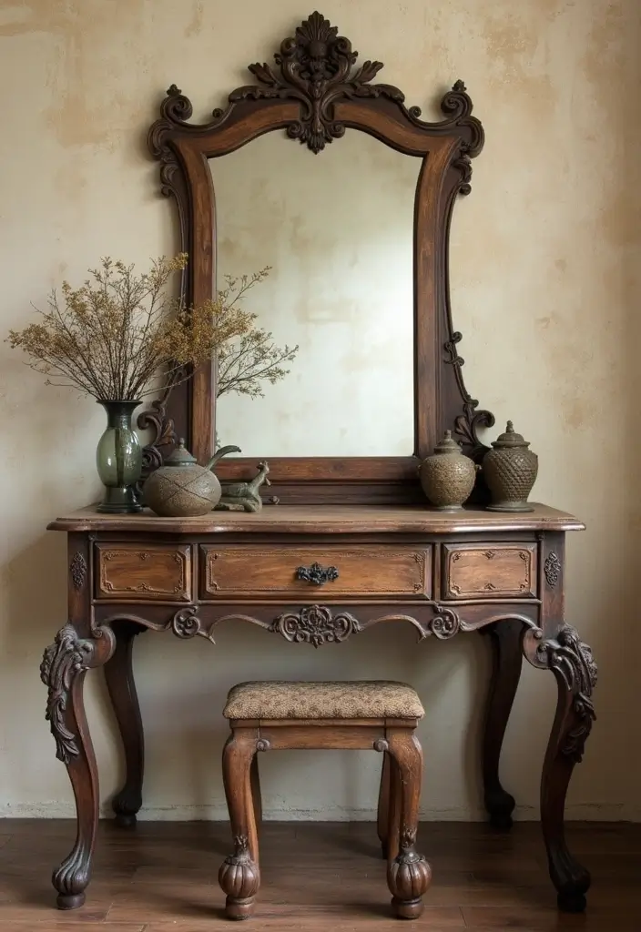 30 Vanity Wall Ideas Bedroom That Feel Trendy & Functional - 2. Vintage Glam