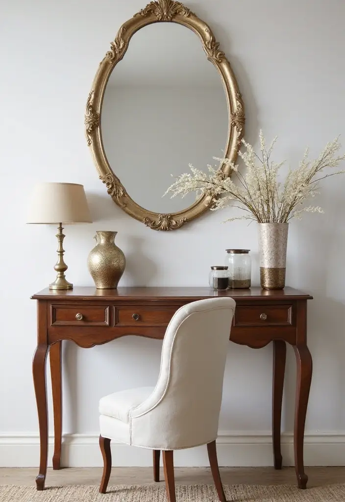 30 Vanity Wall Ideas Bedroom That Feel Trendy & Functional - 22. Elegant Console Table