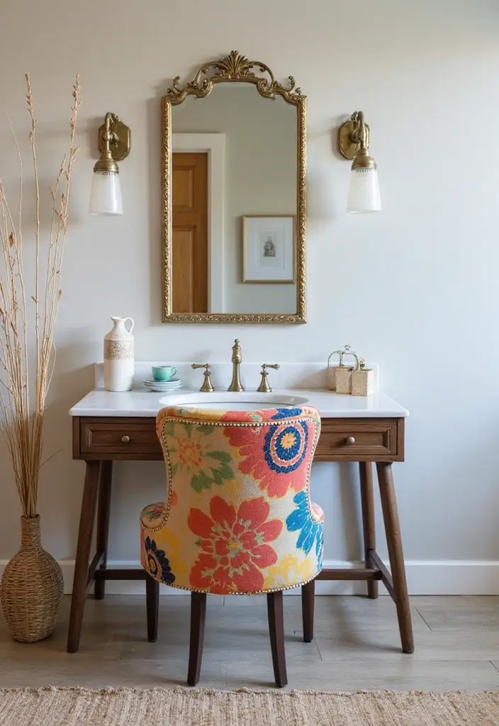 30 Vanity Wall Ideas Bedroom That Feel Trendy & Functional - 24. Unique Chair Choice