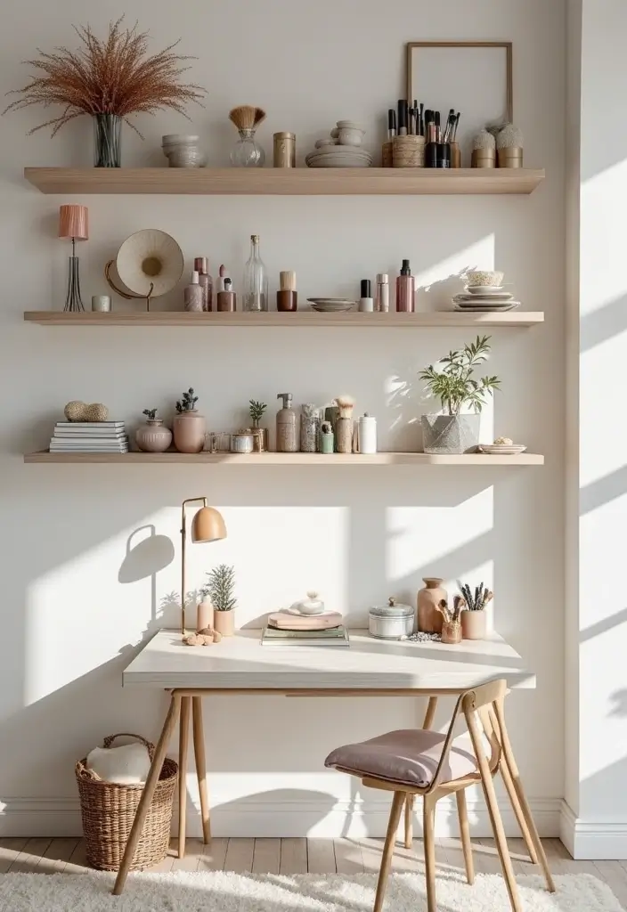 30 Vanity Wall Ideas Bedroom That Feel Trendy & Functional - 4. Organized Display