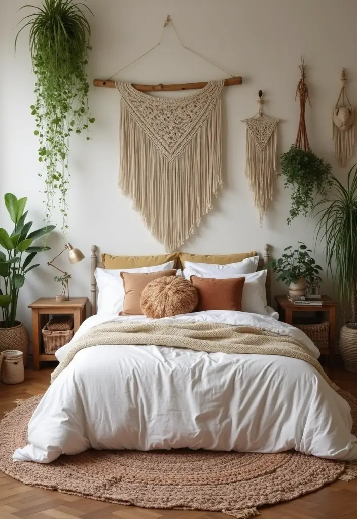 30 White Comforter Bedroom Ideas with Color That Feel Fresh & Inviting - 1. Boho Chic with Earthy Tones
