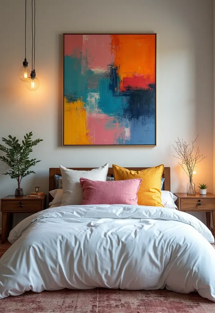 30 White Comforter Bedroom Ideas with Color That Feel Fresh & Inviting - 10. Art-Inspired Hues