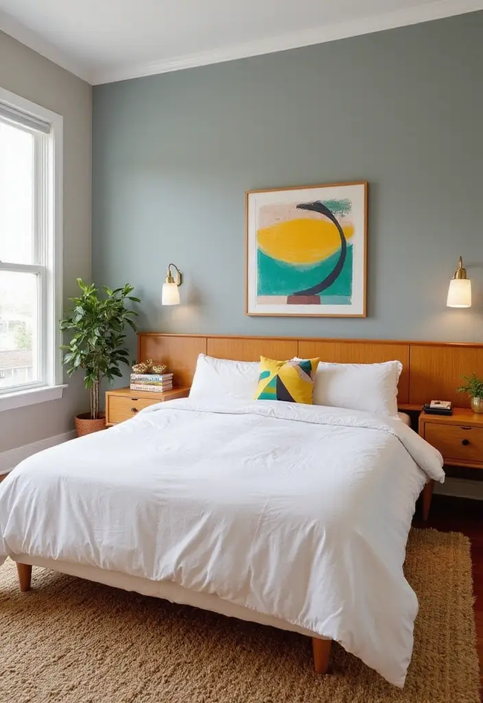 30 White Comforter Bedroom Ideas with Color That Feel Fresh & Inviting - 11. Mid-Century Modern Elegance