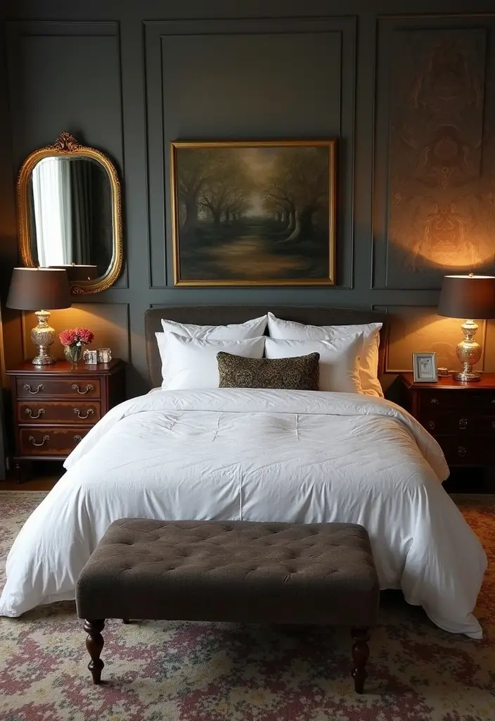 30 White Comforter Bedroom Ideas with Color That Feel Fresh & Inviting - 13. Vintage Glam