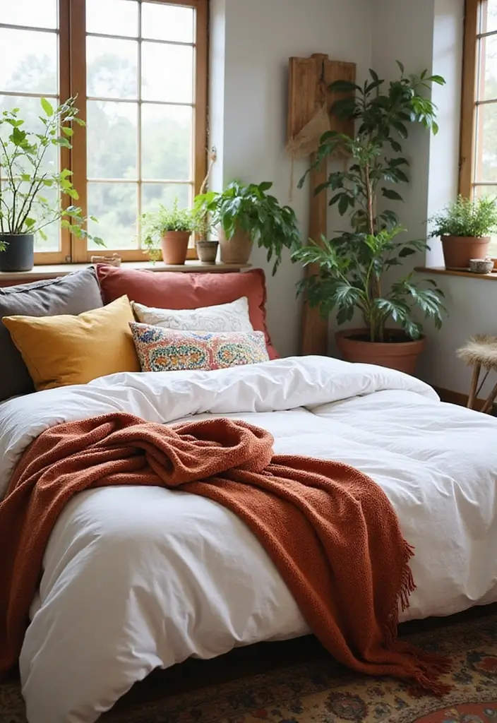 30 White Comforter Bedroom Ideas with Color That Feel Fresh & Inviting - 16. Bohemian Layering