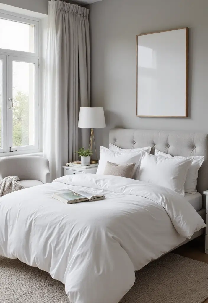 30 White Comforter Bedroom Ideas with Color That Feel Fresh & Inviting - 19. Soft Gray and White