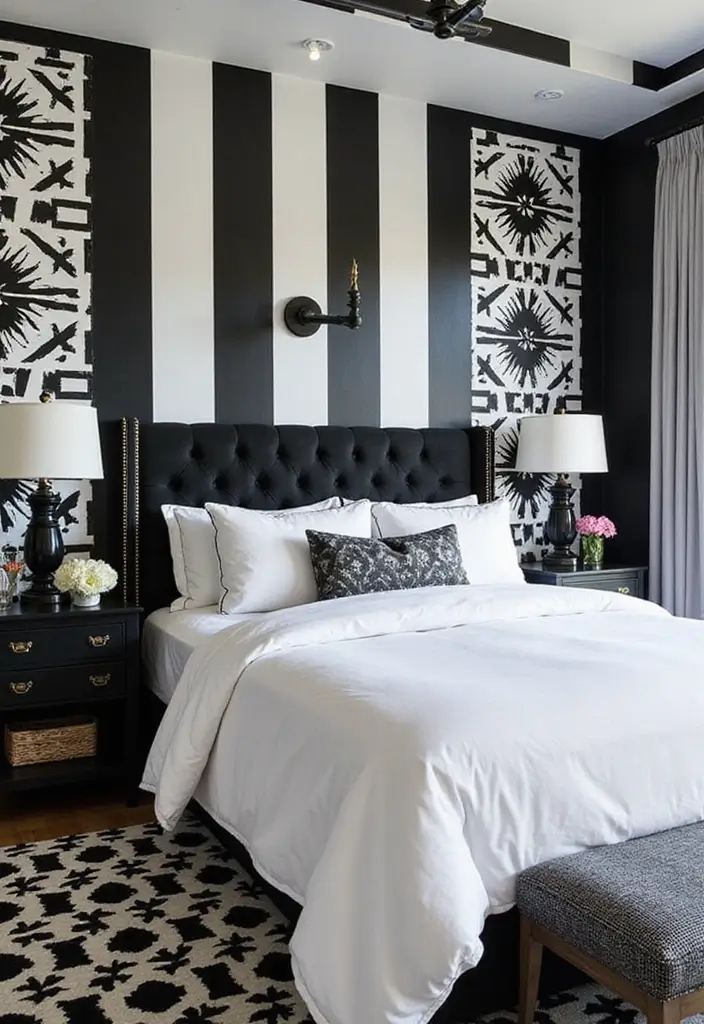 30 White Comforter Bedroom Ideas with Color That Feel Fresh & Inviting - 22. Graphic Black and White