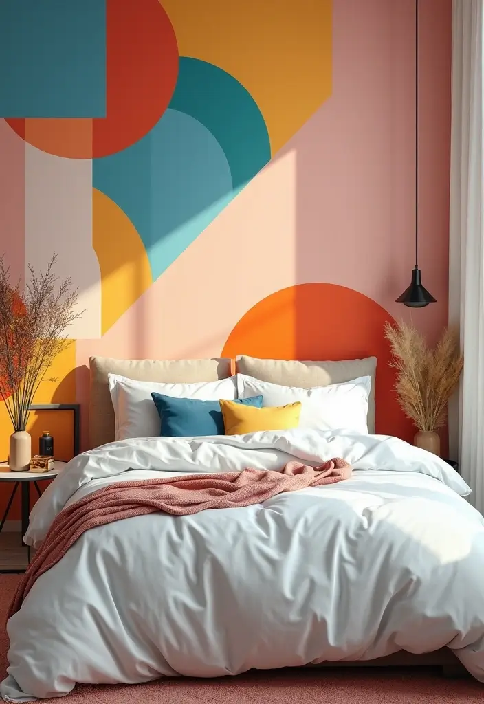 30 White Comforter Bedroom Ideas with Color That Feel Fresh & Inviting - 26. Fun Geometric Patterns