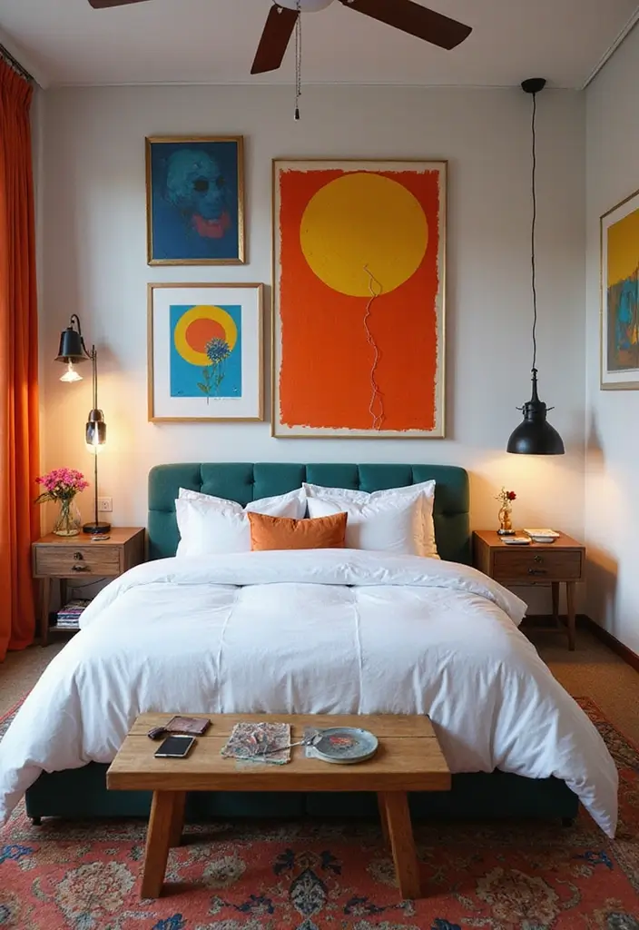 30 White Comforter Bedroom Ideas with Color That Feel Fresh & Inviting - 28. Contemporary Art Gallery