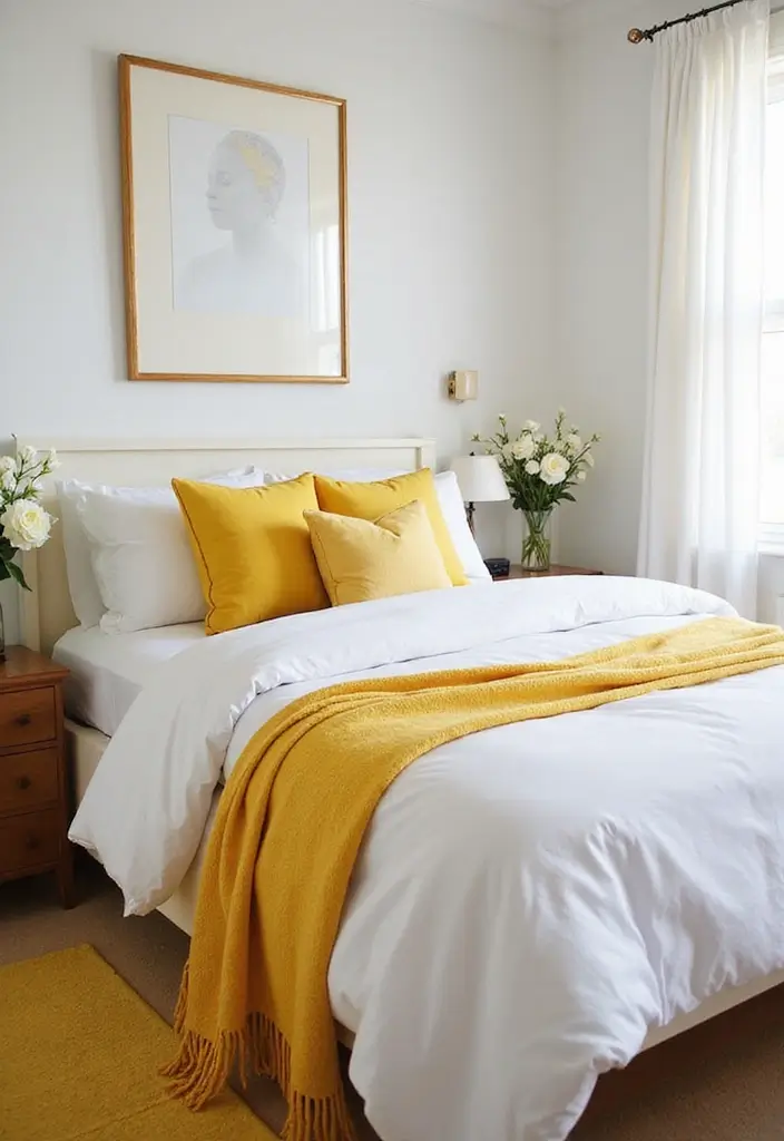 30 White Comforter Bedroom Ideas with Color That Feel Fresh & Inviting - 3. Sunny Yellow Accents