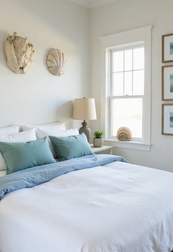 30 White Comforter Bedroom Ideas with Color That Feel Fresh & Inviting - 4. Coastal Vibes with Blues and Greens