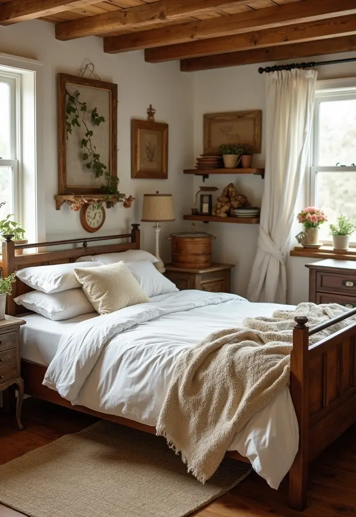 30 White Comforter Bedroom Ideas with Color That Feel Fresh & Inviting - 6. Rustic Farmhouse Charm